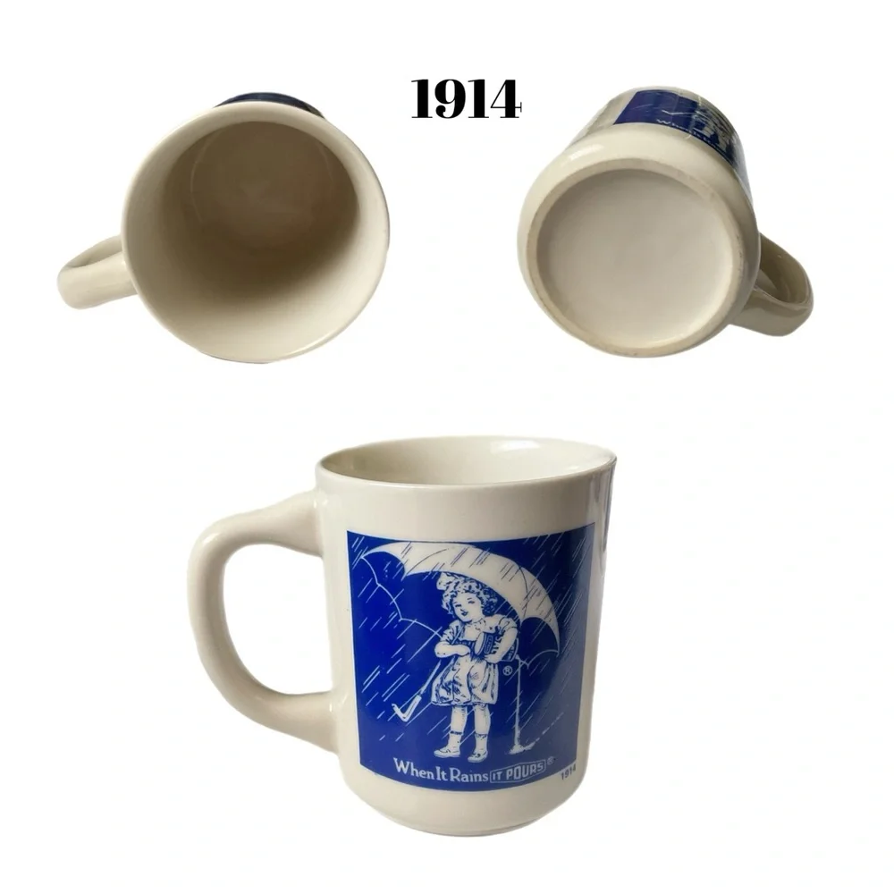 “When It Rains It Pours” White Blue Yellow Coffee Mug Set 1914 1921 1968